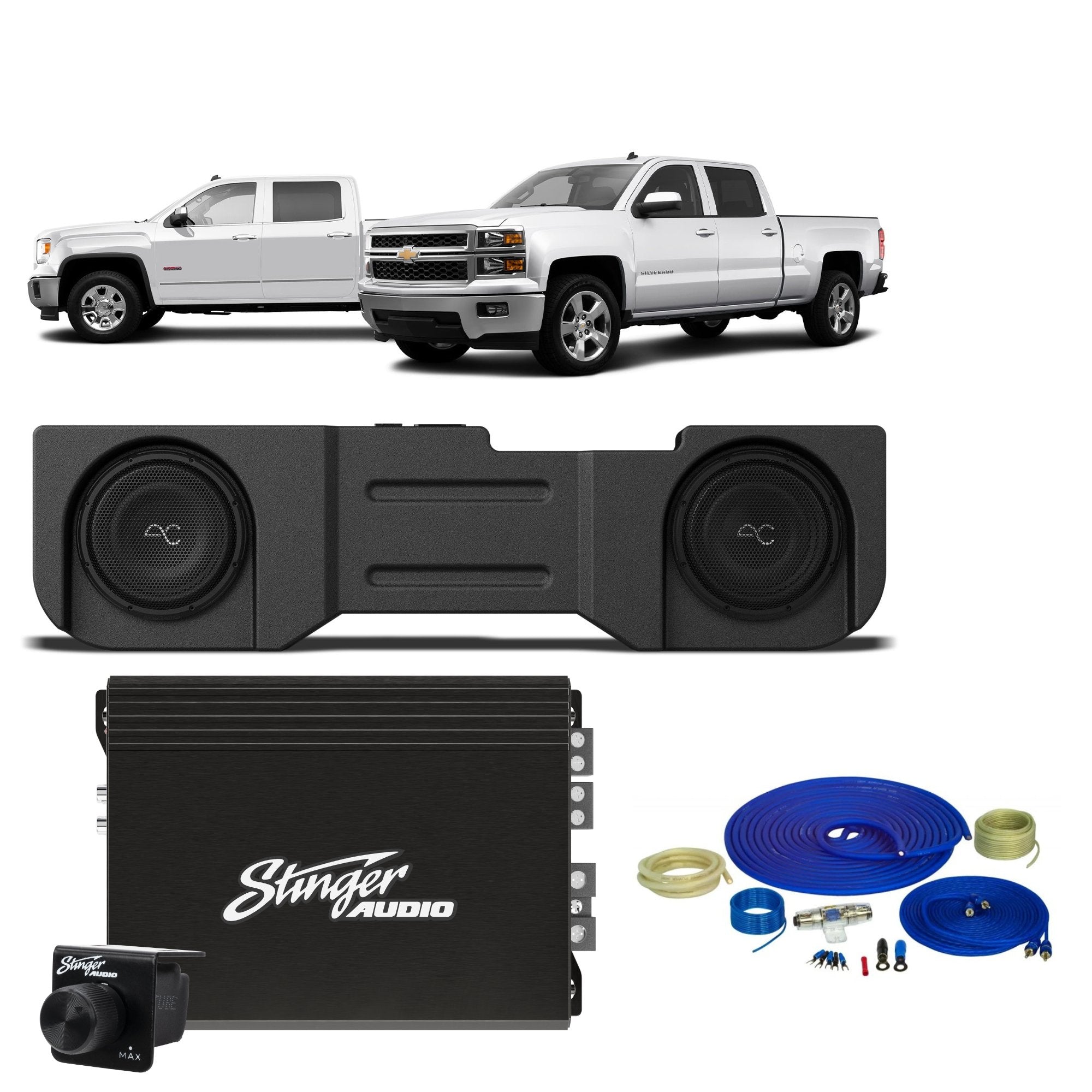 Chevy Silverado/GMC Sierra 1500 (2014 - 2018)/2500/3500 (2014 - 2019) Dual 10" Loaded Subwoofer Enclosure with Stinger Audio 1000W Monoblock Amplifier & Wiring Kit