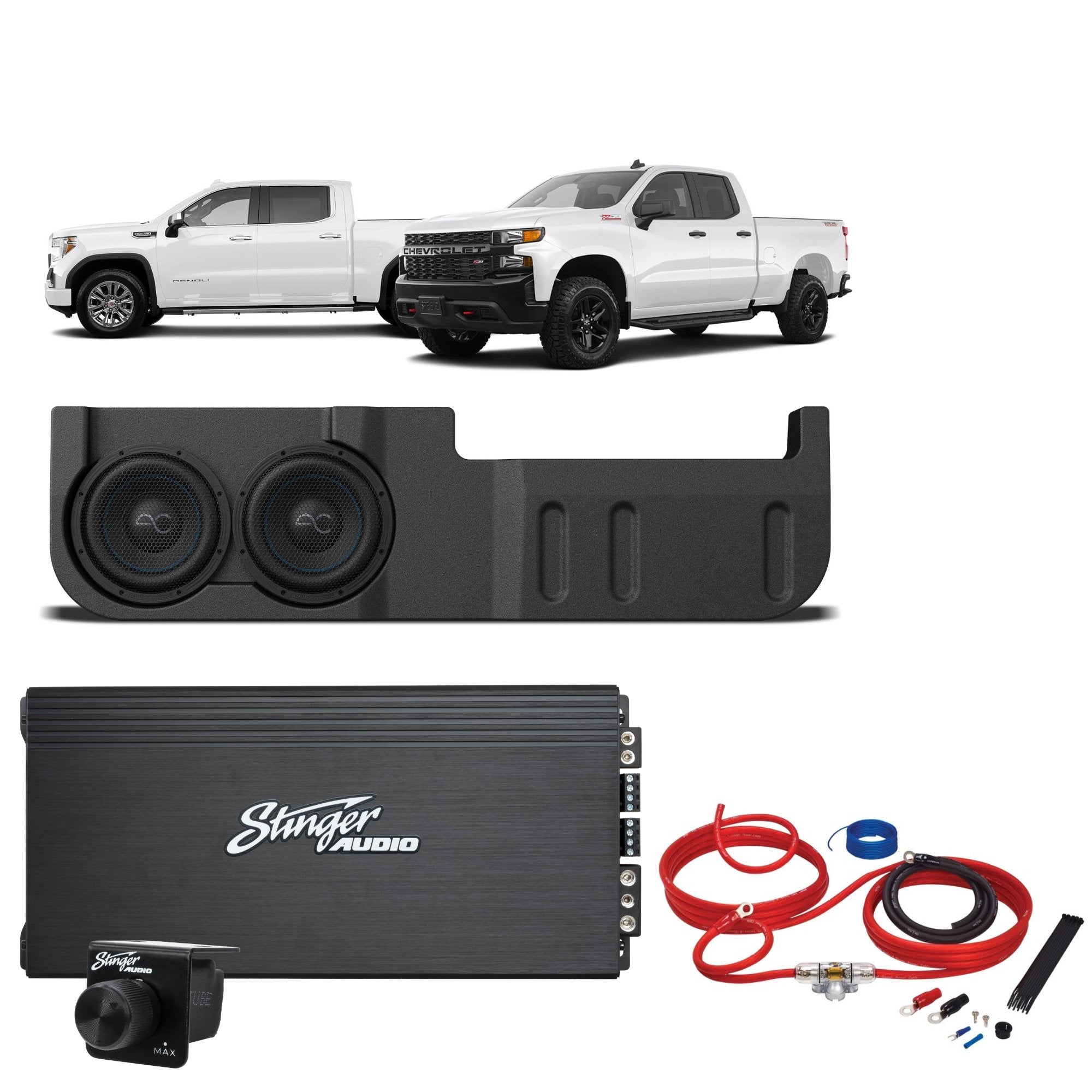 Chevy Silverado/GMC Sierra 1500 (2019+)/2500/3500 Crew Cab (2020+) Dual 10" Loaded Subwoofer Enclosure with Stinger Audio 1800W Monoblock Amplifier & Wiring Kit
