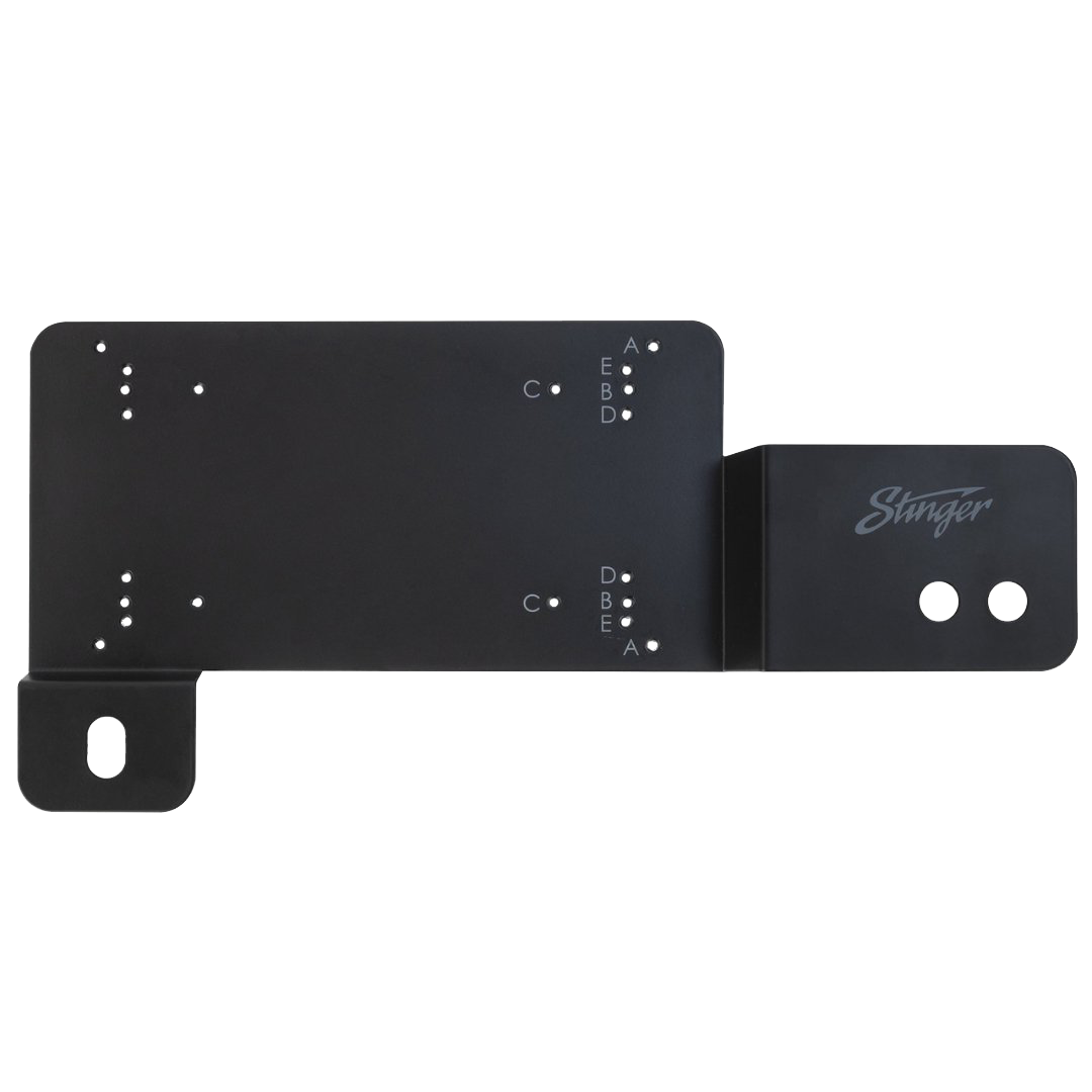 Black metal mounting bracket with Stinger logo and labeled drill holes