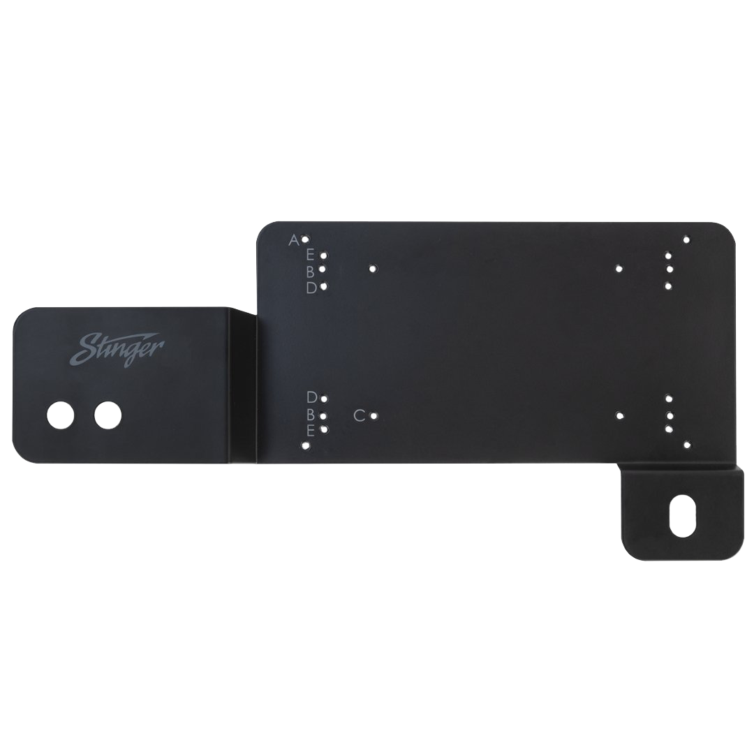 Black metal mounting bracket with labeled holes and Stinger logo