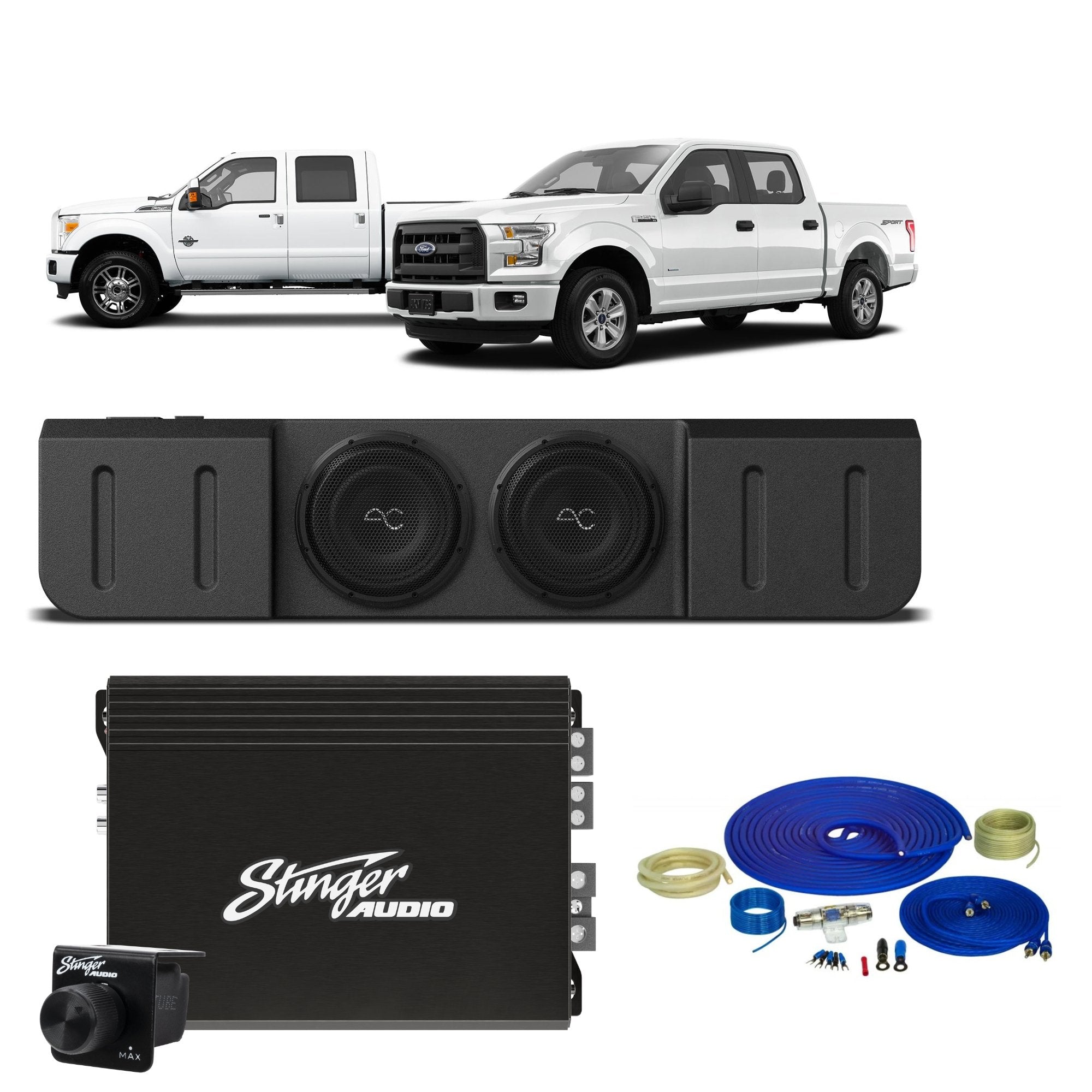 Ford F - 150 (2015 - 2023)/F - 250/350 Super Duty (2017+) Dual 10" Loaded Subwoofer Enclosure with Stinger Audio 1000W Monoblock Amplifier & Wiring Kit