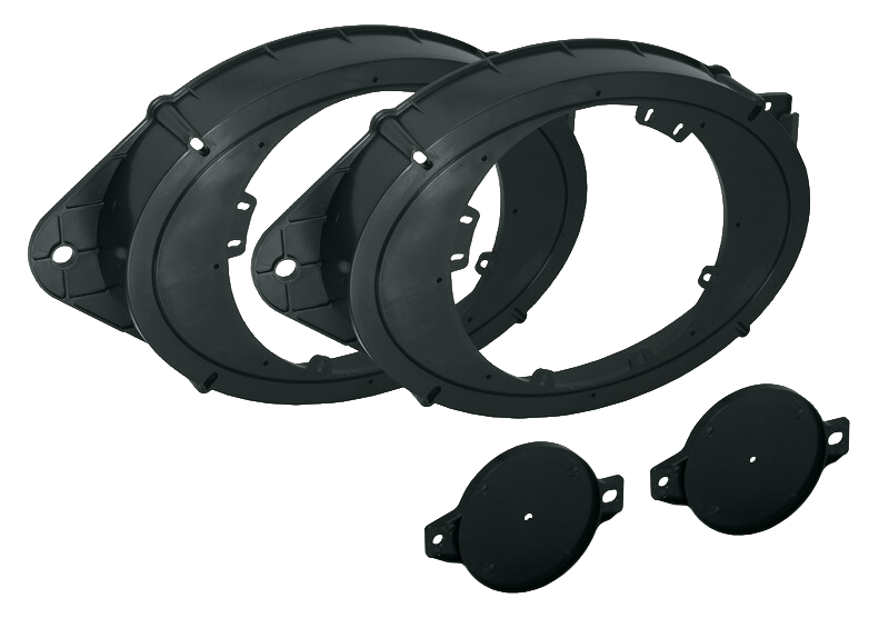 Two black oval car speaker adapter rings and two small circular mounting plates