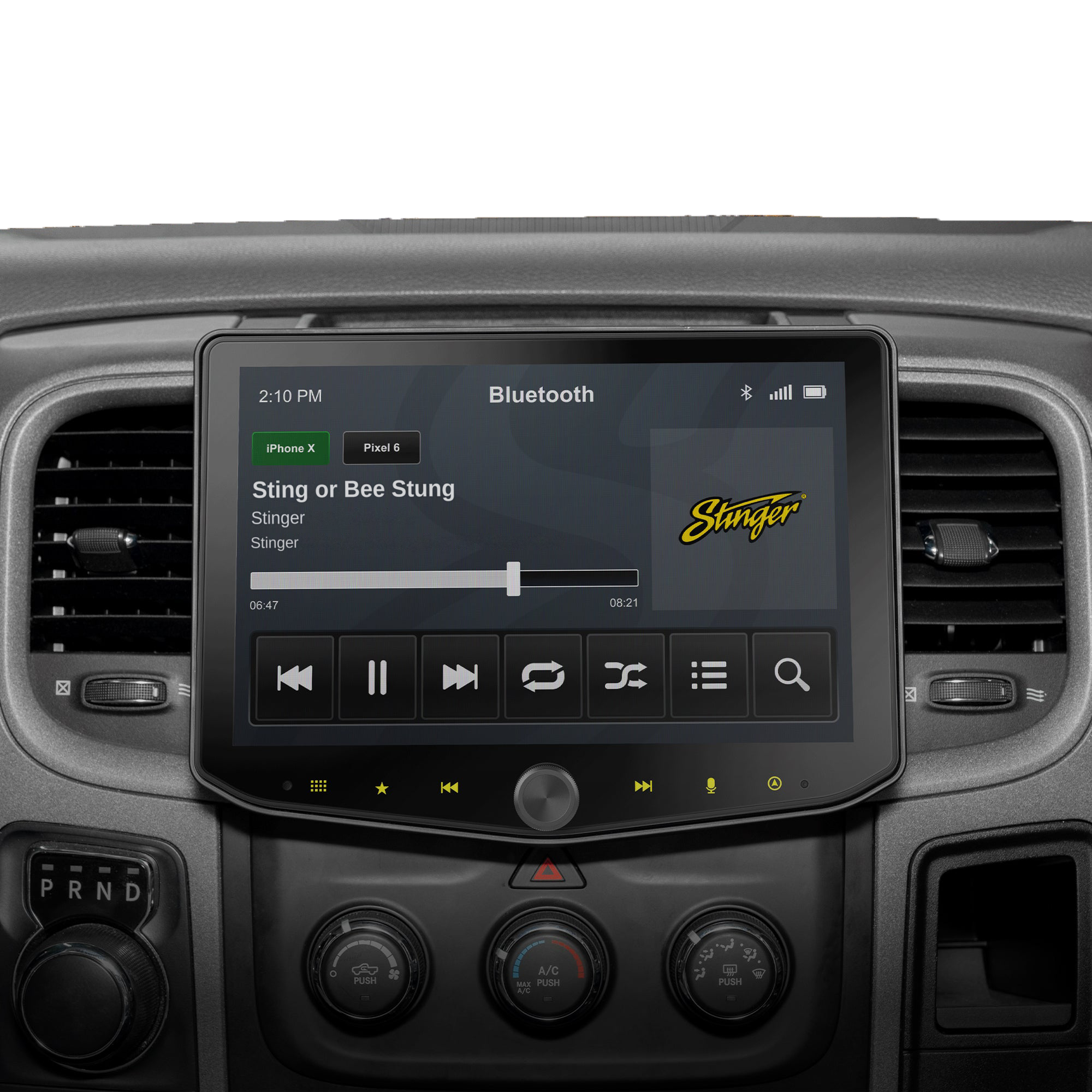 Stinger car infotainment screen displaying music playback interface