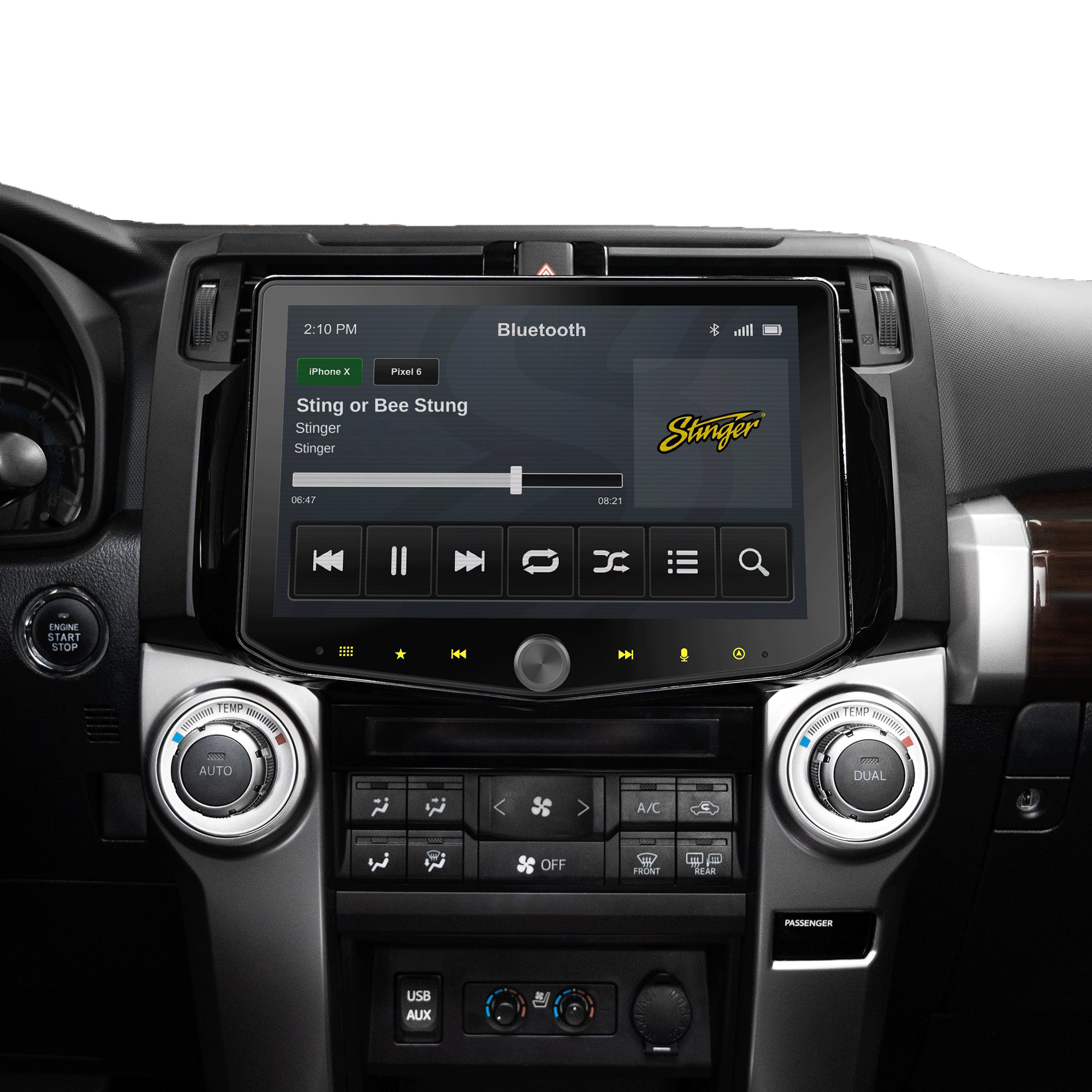 Stinger infotainment touchscreen display in a vehicle dashboard