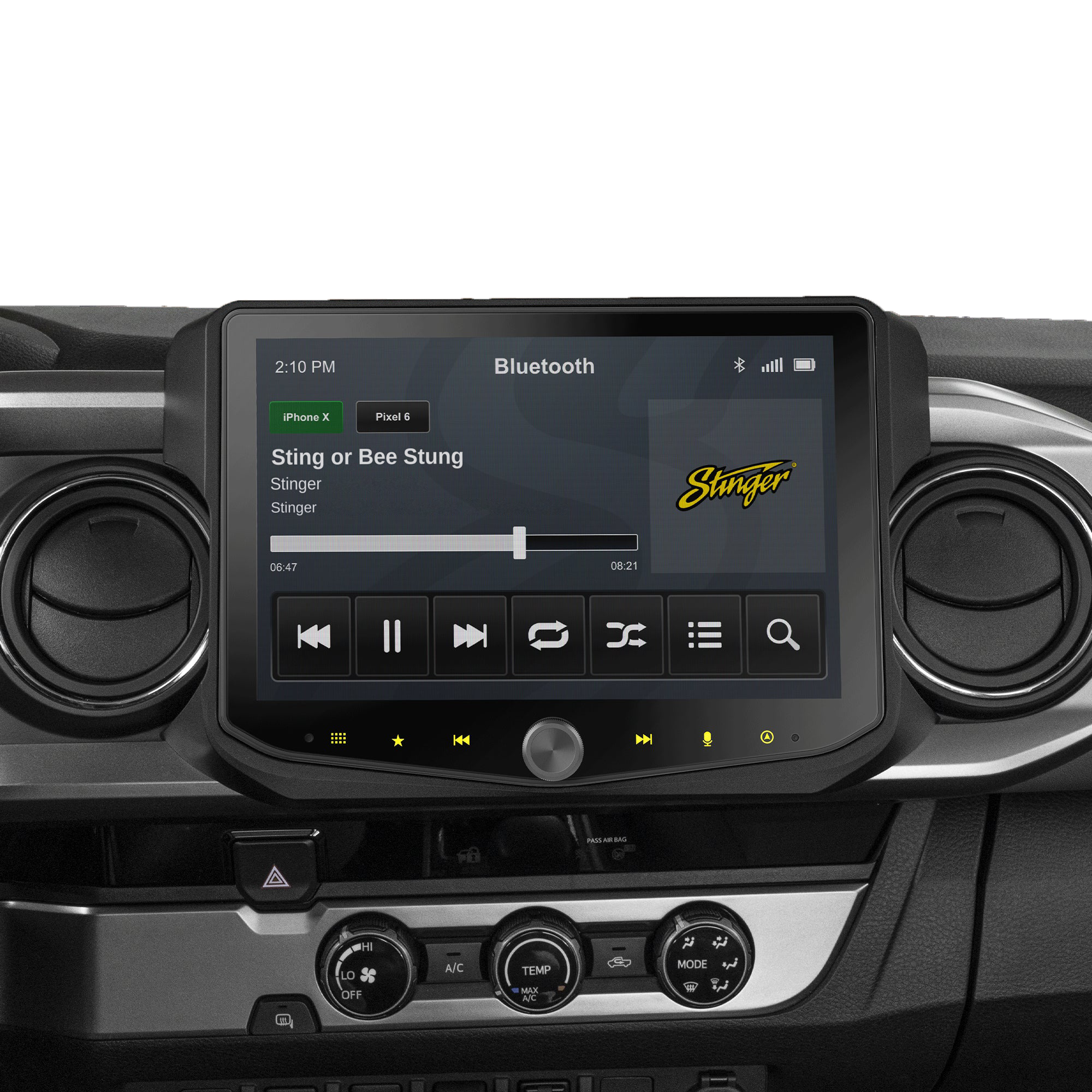 Stinger car infotainment touchscreen display showing music playback interface