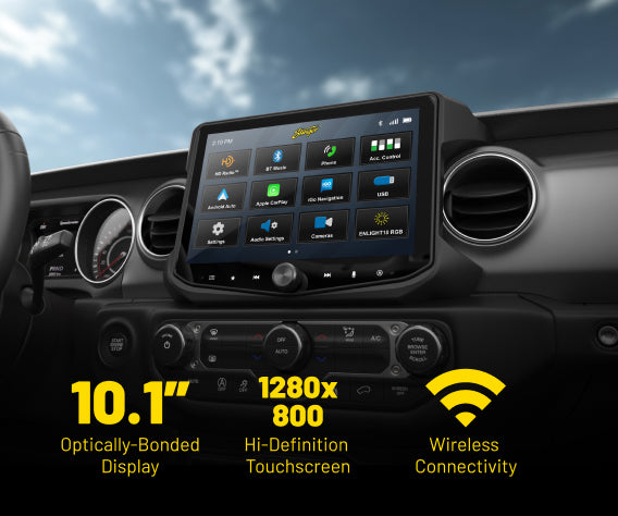 Stinger 10.1 inch heigh10+ touchscreen display installed in a vehicle dashboard with wireless connectivity