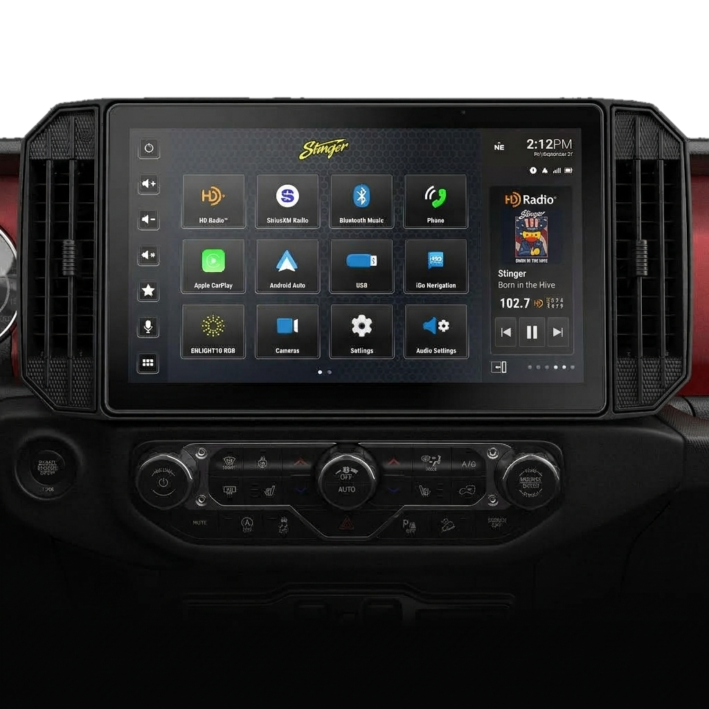 Stinger vehicle infotainment touchscreen display with menu icons and climate control buttons below