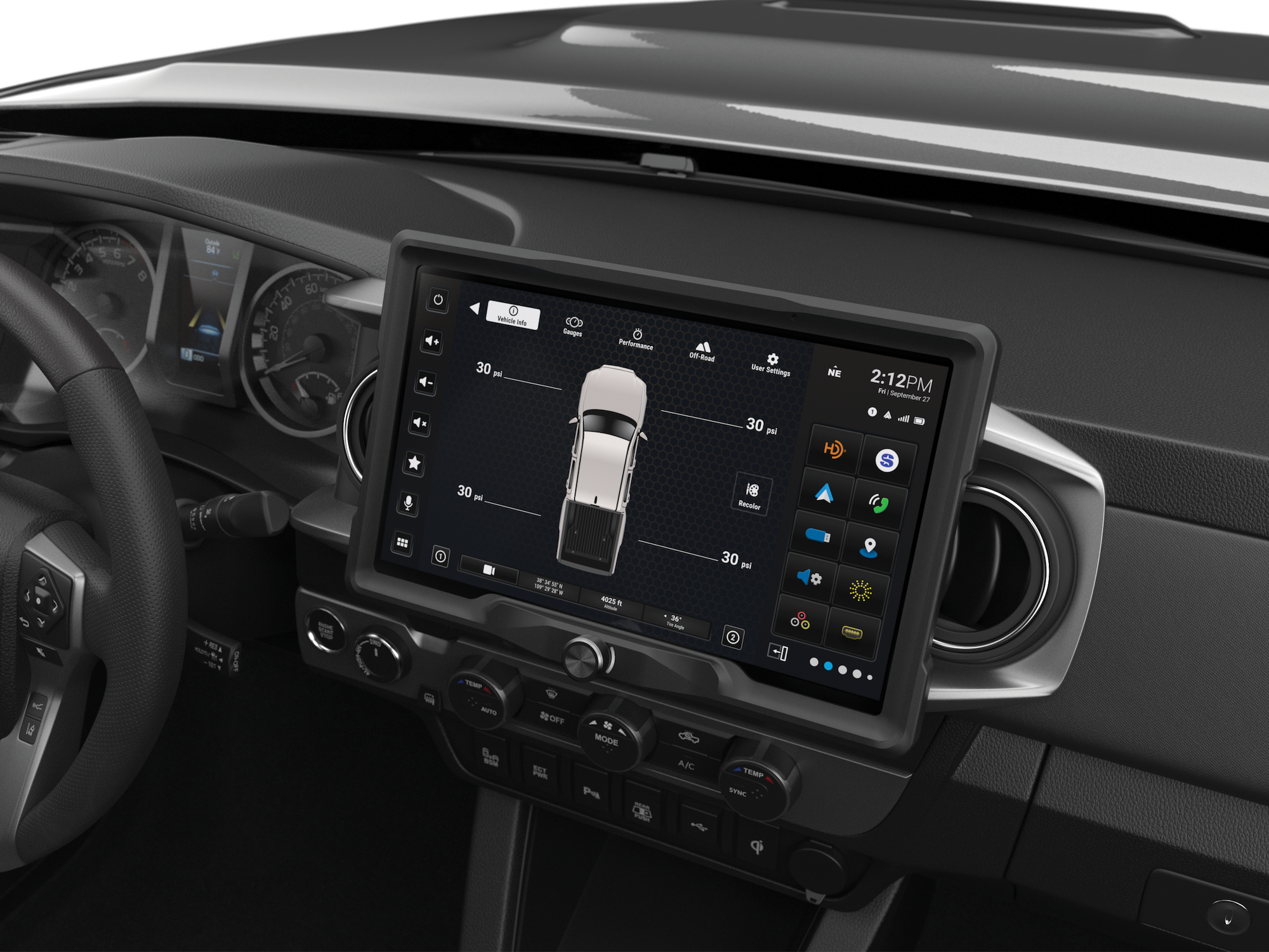 Vehicle infotainment screen displaying tire pressure information and truck overhead view