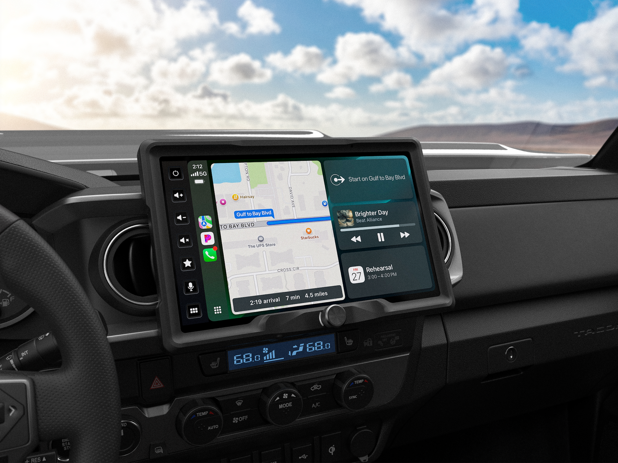 Car dashboard display showing navigation map and music player interface