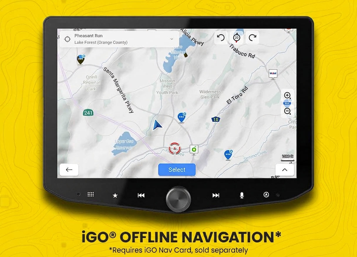 iGO Offline Navigation feature displayed on a touchscreen car radio display, noting that it requires an iGO Nav Card, which is sold separately.
