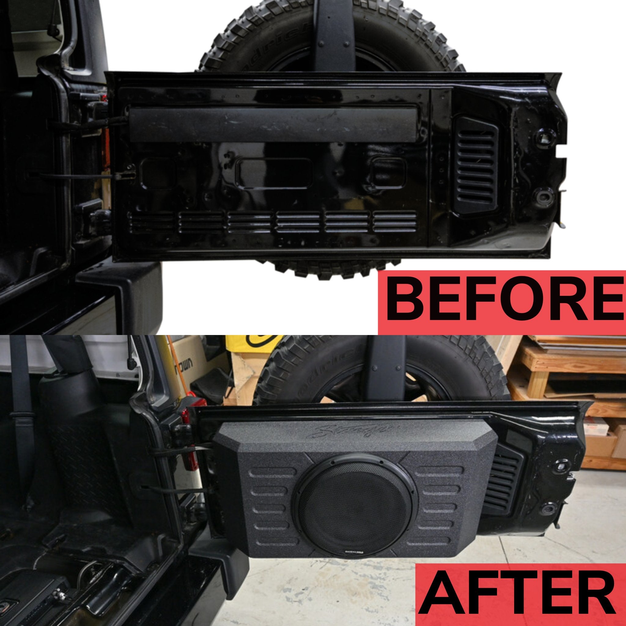 Jeep Wrangler JK/JL 12" Swing Gate-Mounted 400 Watt (RMS) Loaded Sealed Subwoofer Enclosure