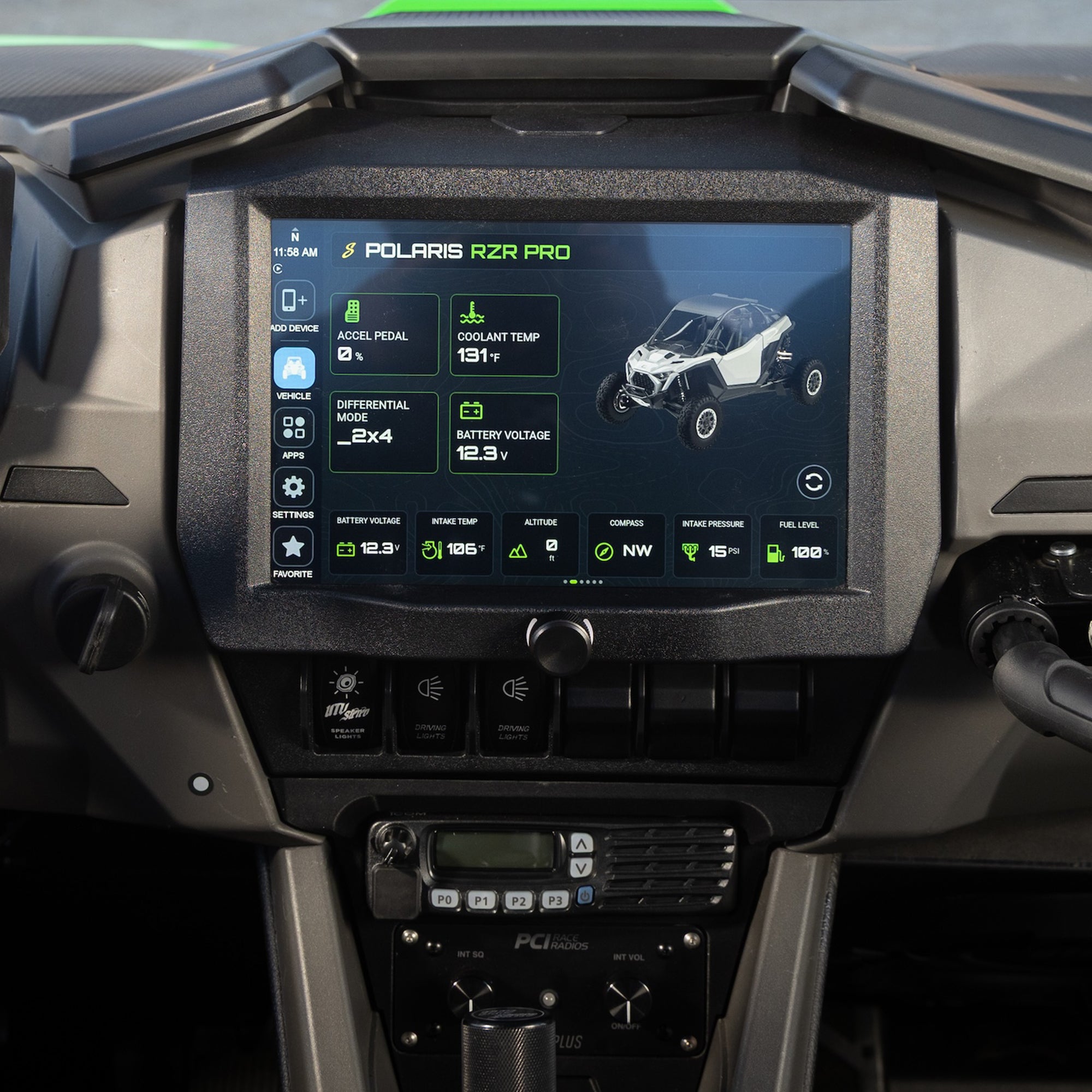 A close-up of a car dashboard with a large touchscreen display showing Polaris AZR Pro vehicle controls and a small vehicle graphic. Below the screen is a climate control panel with buttons and vents.
