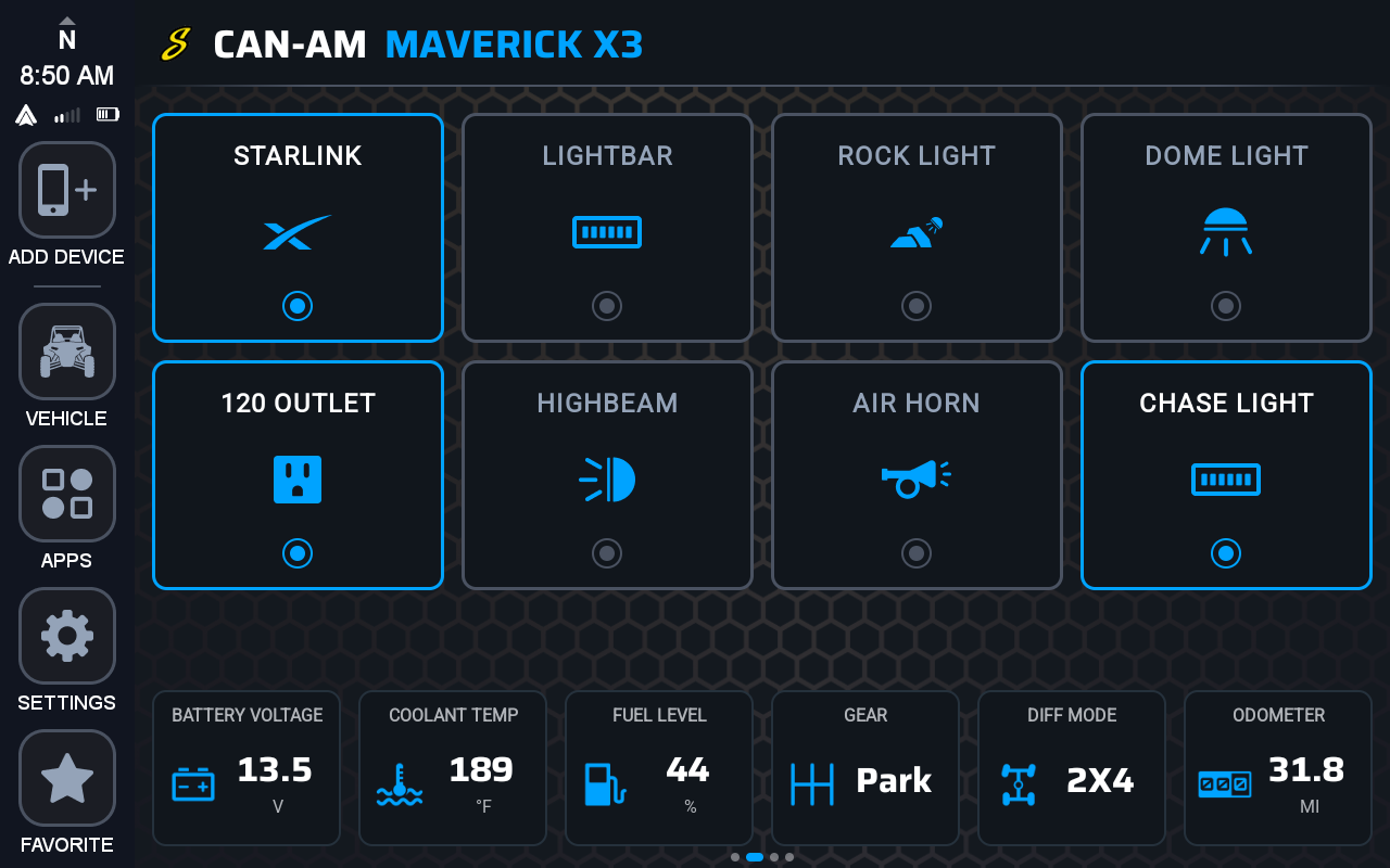 A digital user interface screenshot for a CAN-AM Maverick X3 vehicle control panel, showing various vehicle features like Starlink, Lightbar, Rock Light, Dome Light, 120 Outlet, Highbeam, Air Horn, Chase Light, battery voltage, fuel level, and odometer in a dark blue and black layout.