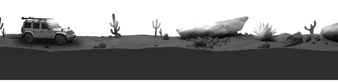 Desert landscape with a jeep, cacti, and a boat on a flat surface