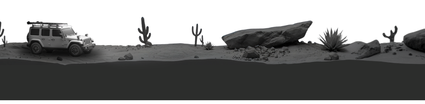Desert landscape with a vehicle, cacti, and rocks.